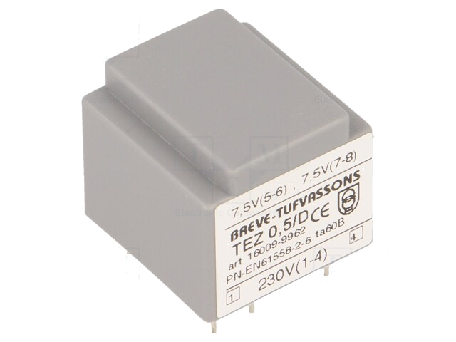 Transformator: ingegoten; 0,5VA; 230VAC; 7,5V; 7,5V; 33,3mA; 33,3mA Transformator: ingegoten; 0,5VA; 230VAC; 7,5V; 7,5V; 33,3mA; 33,3mA